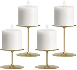 Jiyimi Christmas Candelabras Gold Candle Holders Set Of 4 Round Plate For Tables Fireplace Floor Centerpieces Metal Iron Candlestick For Pillar Candles