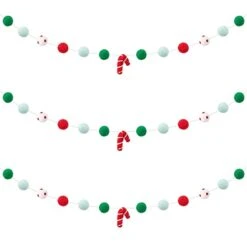 3 Pcs Christmas Felt Ball Garland- Hanging Christmas Pom Pom Garland Handmade Christmas Banner With Felt Balls And Candy Cane Xmas Decoration For Wall Fireplace Christmas Tree Party Favors Home Decor