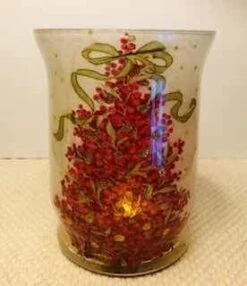 Romance Lights Tealight Candle Holder - Handmade Hurricane Glass Candle Holder For Home Décor, Table Centerpiece, Weddings - With Flameless Flickering LED Candle - Red Christmas Tree, 6” By 5”