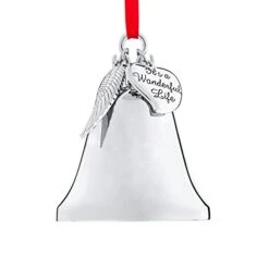 Klikel Christmas Bell Ornament - Shiny Silver Christmas Ornament - Ornament With Angel Wing And Heart Charms - It's A Wonderful Life Bell Ornament For Christmas Tree - Silver Bell With Gift Box