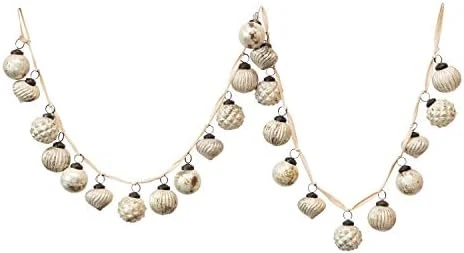 Creative Co-Op Distressed White & Grey Embossed Mercury Glass Ornament Fabric String Garland, Taupe And Cream 11 Creative Co-Op Distressed White & Grey Embossed Mercury Glass Ornament Fabric String Garland, Taupe And Cream - Image 9