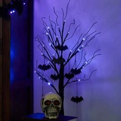 PEIDUO Halloween Decorations, 2 FT Black Halloween Tree With 24 Purple Lights And 8 Bat Halloween Tree Ornaments, Light Up Halloween Decorations With Timer For Indoor Home Table Decor Battery Powered -National Tree Company Sale Shop 413NtQX7pL. AC