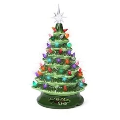 Ceramic Christmas Halloween Tree Green Black Prelit Christmas Decorations Tabletop Winter Tree Décor With Multicolor Bulbs Star Topper Vintage Christmas Lights (Christmas Ceramic Tree 13 Inch)