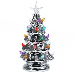 Sunnyglade 11" Ceramic Christmas Tree Tabletop Christmas Tree Lights With 28 Multicolored Lights And 1 Star Toppers For Table Top Desk Classic Series Christmas Decoration (Silver)