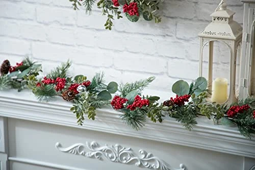 LOHASBEE Artificial Christmas Garland, 5 Feet Pine Cone Eucalyptus Garland With Red Berries, Bells & Greenery Glitter For Christmas Indoor Outdoor Garden Gate Front Door Home Wall Window Stair Decor 7 LOHASBEE Artificial Christmas Garland, 5 Feet Pine Cone Eucalyptus Garland With Red Berries, Bells & Greenery Glitter For Christmas Indoor Outdoor Garden Gate Front Door Home Wall Window Stair Decor - Image 5
