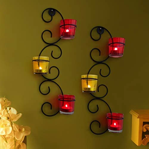 TIED RIBBONS Decorative Wall Hanging Tealight Candle Holder Metal Wall Sconce With Glass Cups And Tealight Candles For Christmas Home Decoration (Set Of 2) 3 TIED RIBBONS Decorative Wall Hanging Tealight Candle Holder Metal Wall Sconce With Glass Cups And Tealight Candles For Christmas Home Decoration (Set Of 2)