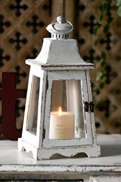 15" Rustic White Decorative Candle Lanterns, Hanging Farmhouse Wood Candle Holder With Glass, Candle Stands Decorative Lanterns For Table Centerpiece Fireplace Floor Weddings Christmas Outdoor Indoor