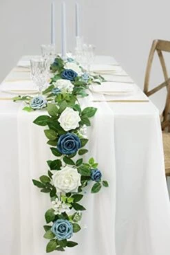PONATIA 5FT Handcrafted Artificial Rose Flower Garland, Dusty Blue Flowers Greenery Garland For Wedding Ceremony Garlands Backdrop Arch Flowers, Ceremony Reception Table Decorations -National Tree Company Sale Shop 41INYkm4jhL
