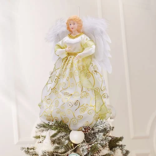 Angel Christmas Tree Topper Ornament With White Feather Wings, Xmas Trees Topper Star For Home Holiday Party Christmas Trees Decorations - Gold, 12 Inch 5 Angel Christmas Tree Topper Ornament With White Feather Wings, Xmas Trees Topper Star For Home Holiday Party Christmas Trees Decorations - Gold, 12 Inch - Image 3