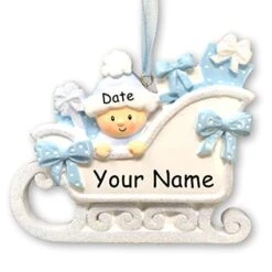 Personalized Baby's First Christmas Ornament Gift - Baby Boy In Christmas Sleigh - Custom Name And Date