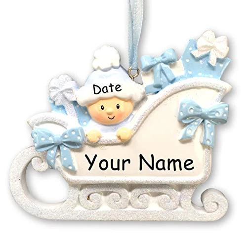 Personalized Baby's First Christmas Ornament Gift - Baby Boy In Christmas Sleigh - Custom Name And Date 3 Personalized Baby's First Christmas Ornament Gift - Baby Boy In Christmas Sleigh - Custom Name And Date