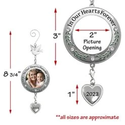 2023 Memorial Christmas Photo Ornament - In Our Hearts Forever - Remembrance Keepsake With Clear Gems And Floral Accents - Comes With A Dove Hook And A Dated Charm - Gift/Storage Bag Included