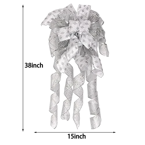 GENERIC Christmas Tree Topper Wreath Bow Long Tails 40x13 Inch Silver Bows Decorative Large Colorful Wired Edge Xmas Supplies Bows Wall Ornaments For Home Decor (Silver) 4 GENERIC Christmas Tree Topper Wreath Bow Long Tails 40x13 Inch Silver Bows Decorative Large Colorful Wired Edge Xmas Supplies Bows Wall Ornaments For Home Decor (Silver) - Image 2