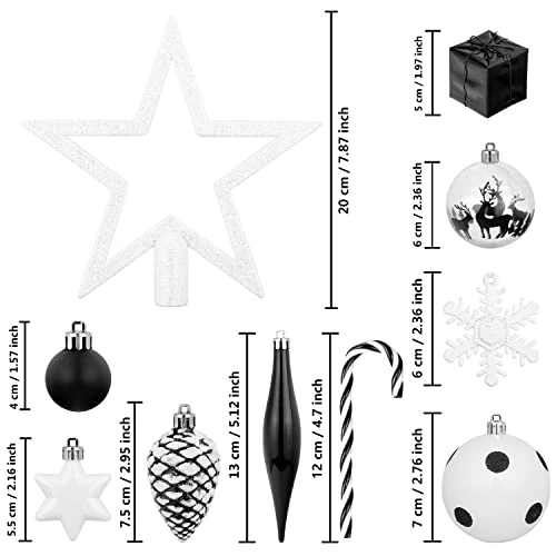 ITART 127ct Christmas Tree Ornaments Decorations Assortment Including Tree Topper Balls Snowflakes Stars Pine Cones Miniature Gift Boxes And Beads Garlands Finial (Black And White) 9 ITART 127ct Christmas Tree Ornaments Decorations Assortment Including Tree Topper Balls Snowflakes Stars Pine Cones Miniature Gift Boxes And Beads Garlands Finial (Black And White) - Image 7