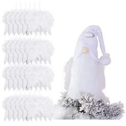 White And Silver Angel Treetop 23 Inch Tree Topper Gnome Angel And 24 Pcs 4.72 X 4.6 Inch Angel Feather Ornament Christmas Tree Ornament Mantel Table Decorations For Xmas Winter Holiday Memorial Decor
