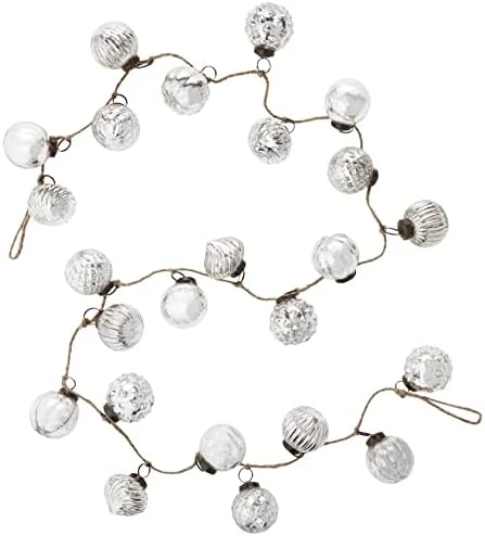 Creative Co-Op Distressed White & Grey Embossed Mercury Glass Ornament Fabric String Garland, Taupe And Cream 4 Creative Co-Op Distressed White & Grey Embossed Mercury Glass Ornament Fabric String Garland, Taupe And Cream - Image 2