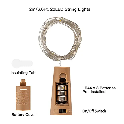 Wine Bottle Lights With Cork, 10 Pack 20 LED Waterproof Battery Operated Cork Lights, Silver Wire Mini Fairy Lights For Liquor Bottles DIY Party Bar Christmas Holiday Wedding Déco 6 Wine Bottle Lights With Cork, 10 Pack 20 LED Waterproof Battery Operated Cork Lights, Silver Wire Mini Fairy Lights For Liquor Bottles DIY Party Bar Christmas Holiday Wedding Déco - Image 4