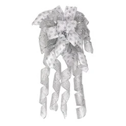 GENERIC Christmas Tree Topper Wreath Bow Long Tails 40x13 Inch Silver Bows Decorative Large Colorful Wired Edge Xmas Supplies Bows Wall Ornaments For Home Decor (Silver)