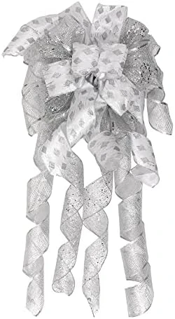 GENERIC Christmas Tree Topper Wreath Bow Long Tails 40x13 Inch Silver Bows Decorative Large Colorful Wired Edge Xmas Supplies Bows Wall Ornaments For Home Decor (Silver) 9 GENERIC Christmas Tree Topper Wreath Bow Long Tails 40x13 Inch Silver Bows Decorative Large Colorful Wired Edge Xmas Supplies Bows Wall Ornaments For Home Decor (Silver) - Image 7