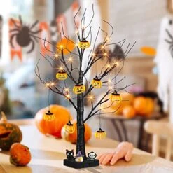 EAMBRITE Halloween Tree, 2FT Black Spooky Tree With 24 LED Orange Lights And 8 Pumpkins, Battery Operated Small Tabletop Black Tree With Timer For Halloween Decorations Christmas Room Home Fireplace -National Tree Company Sale Shop 510E5EVSTHL