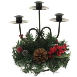 WeRChristmas Natural Pine Cone And Berry Decorated Triple Tape Candle Holder Table Christmas Decoration, 22 Cm - Red