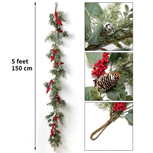 LOHASBEE Artificial Christmas Garland, 5 Feet Pine Cone Eucalyptus Garland With Red Berries, Bells & Greenery Glitter For Christmas Indoor Outdoor Garden Gate Front Door Home Wall Window Stair Decor 4 LOHASBEE Artificial Christmas Garland, 5 Feet Pine Cone Eucalyptus Garland With Red Berries, Bells & Greenery Glitter For Christmas Indoor Outdoor Garden Gate Front Door Home Wall Window Stair Decor - Image 2