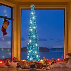 Joy-Leo 5ft Blue Pop Up Christmas Tree With Reflective Sequins, Small Pencil Artificial Christmas Tree, Collapsible Tinsel Xmas Tree, Designed For Small Spaces, Easy To Assemble, Save Space & Time -National Tree Company Sale Shop 510xqjYwBqL
