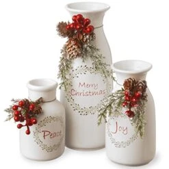 National Tree Company Pre-lit Artificial Christmas 3-Piece Decor Set | Flocked With Mixed Decorations | Ceramic White Bottles