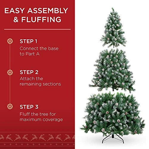 Best Choice Products 7.5ft Pre-Decorated Holiday Christmas Tree For Home, Office, Party Decoration W/ 1,346 PVC Branch Tips, Partially Flocked Design, Pine Cones, Metal Hinges & Base - Green/White 5 Best Choice Products 7.5ft Pre-Decorated Holiday Christmas Tree For Home, Office, Party Decoration W/ 1,346 PVC Branch Tips, Partially Flocked Design, Pine Cones, Metal Hinges & Base - Green/White - Image 3