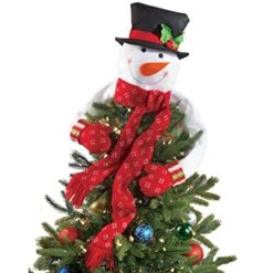 Collections Etc Christmas Hugging Snowman Tree Topper With Red Mittens And Draping Red Scarf - Festive Christmas Tree Decoration