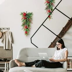 Kuimen Artificial Christmas Teardrop Swag,Green,Based On Natural Grape Vines, Bell, Artificial Pine, Parsley, Holly Leaves, Red Berries, Dead Branches, Used For Christmas Decoration (Multicolor) -National Tree Company Sale Shop 511oR0gna6L