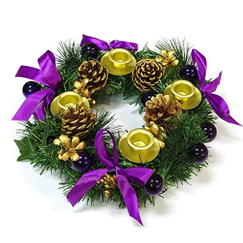 Mega Candles Christmas Advent Wreath With Purple Ribbon Accents And Gold Ring Candle Holder, Great Holiday Traditional Décor 4 Mega Candles Christmas Advent Wreath With Purple Ribbon Accents And Gold Ring Candle Holder, Great Holiday Traditional Décor - Image 2