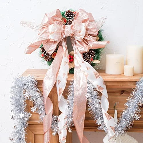 Christmas Tree Topper, 32x12 Inches Large Toppers Single Sided Bow With Glitter Streamer, Rose Gold Christmas Tree Topper Bow For Christmas Decoration (Rose Gold) 6 Christmas Tree Topper, 32x12 Inches Large Toppers Single Sided Bow With Glitter Streamer, Rose Gold Christmas Tree Topper Bow For Christmas Decoration (Rose Gold) - Image 4