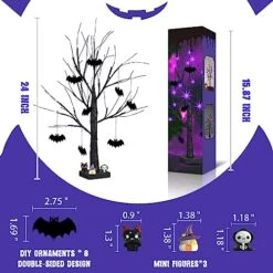 Vanthylit Halloween Tree Decorations, Glittered Black Spooky Tree With Purple Lights And Bat Decorations, Battery Powered Timer Tabletop Tree For Halloween Decorations Indoor Outdoor (2FT, 24LED) -National Tree Company Sale Shop 5140Vq4PS5L