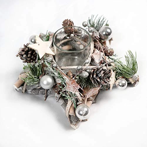 SHATCHI Star Shape Wooden Candle Holder Tabletop Centrepiece Christmas Holiday Home Decorated With Red/Silver Baubles, Berries And Cones (34cm/24cm), Wood, 242411 Cm 6 SHATCHI Star Shape Wooden Candle Holder Tabletop Centrepiece Christmas Holiday Home Decorated With Red/Silver Baubles, Berries And Cones (34cm/24cm), Wood, 242411 Cm - Image 4