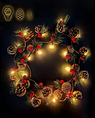 Christmas Garland With Lights, Battery Operated Christmas Lights, String Lights With Bell, Needle, Pine Cones, Red Berries, Xmas Wreath For Tree, Fireplace, Indoor Decorations, 2m/6.6FT, 20 Led 3 Christmas Garland With Lights, Battery Operated Christmas Lights, String Lights With Bell, Needle, Pine Cones, Red Berries, Xmas Wreath For Tree, Fireplace, Indoor Decorations, 2m/6.6FT, 20 Led