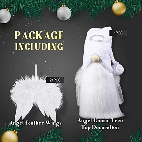White And Silver Angel Treetop 23 Inch Tree Topper Gnome Angel And 24 Pcs 4.72 X 4.6 Inch Angel Feather Ornament Christmas Tree Ornament Mantel Table Decorations For Xmas Winter Holiday Memorial Decor 5 White And Silver Angel Treetop 23 Inch Tree Topper Gnome Angel And 24 Pcs 4.72 X 4.6 Inch Angel Feather Ornament Christmas Tree Ornament Mantel Table Decorations For Xmas Winter Holiday Memorial Decor - Image 3