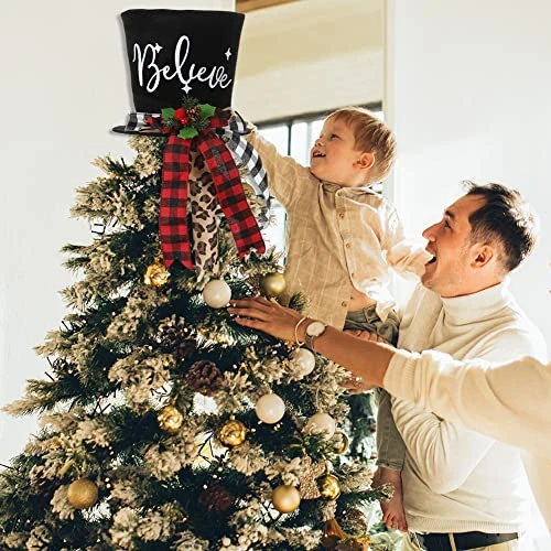 Christmas Tree Topper Hat, Christmas Nutcracker Soldier Topper Hat For Christmas Tree Decoration, Black Velvet Bowler Derby Hat With Long Plaid Ribbon Ornament For Home Holiday Decoration 5 Christmas Tree Topper Hat, Christmas Nutcracker Soldier Topper Hat For Christmas Tree Decoration, Black Velvet Bowler Derby Hat With Long Plaid Ribbon Ornament For Home Holiday Decoration - Image 3