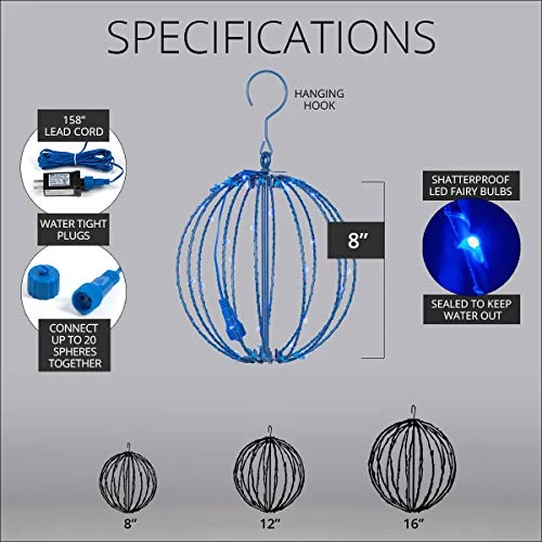 8" LED Fairy Light Ball – Indoor/Outdoor Fairy Lights Decoration With Fairy Mini Lights, Sphere Light Fold Flat Metal Frame (Blue Lights/Blue Frame) 6 8" LED Fairy Light Ball – Indoor/Outdoor Fairy Lights Decoration With Fairy Mini Lights, Sphere Light Fold Flat Metal Frame (Blue Lights/Blue Frame) - Image 4
