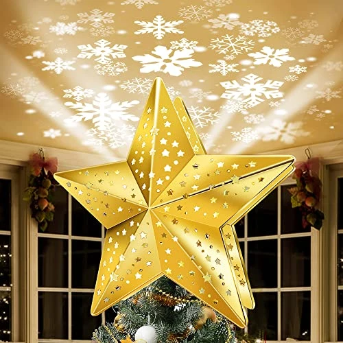 KPCB Christmas Tree Topper Lighted Decoration, Star Tree Topper With Gold Plated Finish, Tree Toppers Christmas Decorations With Snowstorm Projection 3 KPCB Christmas Tree Topper Lighted Decoration, Star Tree Topper With Gold Plated Finish, Tree Toppers Christmas Decorations With Snowstorm Projection