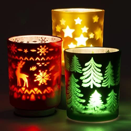 Rancco Tealight Candle Holders For Christmas, 3 Color Indoor Xmas Decor Tea Light Candle Jar For Centerpieces & Party Decoration, Votive Candle Holders W/Elk, Christmas Tree, Stars Designs,3.3x2.6in 6 Rancco Tealight Candle Holders For Christmas, 3 Color Indoor Xmas Decor Tea Light Candle Jar For Centerpieces & Party Decoration, Votive Candle Holders W/Elk, Christmas Tree, Stars Designs,3.3x2.6in - Image 4
