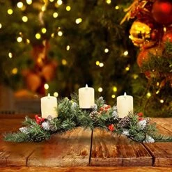 Goplus Artificial Christmas Centerpiece, Xmas Tabletop Decoration With 3 Candle Holders, Red Berries, Snowy Pine Cones, Christmas Triple Candelabrum For Dining Room Table, Fireplace Mantel -National Tree Company Sale Shop 518rOGw63kL