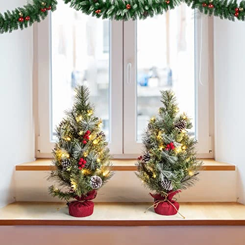 JOYDECOR 2PCS 2FT Artificial Snow Flocked Pre-lit Christmas Tree With Lights Pine Cones Berries And Cloth Bag Base For Indoor Porch Table, Xmas Holiday Decoration, White 6 JOYDECOR 2PCS 2FT Artificial Snow Flocked Pre-lit Christmas Tree With Lights Pine Cones Berries And Cloth Bag Base For Indoor Porch Table, Xmas Holiday Decoration, White - Image 4