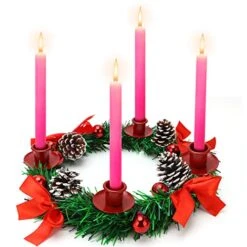 Christmas Decoration Centerpiece Advent Wreath With 4 Candles Holder, 16 Inch Candlestick Holder With Pine Cone, Ribbon, Berry, Perfect For Outdoor Wedding Party Indoor Xmas Table Decor Gift