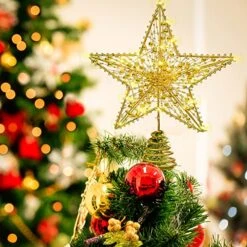 SISLYANIA Christmas Tree Topper Lighted - Christmas Star Tree Topper With 20 LED Battery Operated String Lights And 6H Timer, Metal Hollow Tree Topper For Holiday Party Christmas Decor, 9.8in, Gold -National Tree Company Sale Shop 51AjPBIZHDL