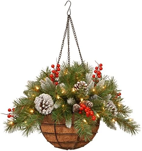 National Tree Company Pre-Lit Artificial Hanging Basket, , Decorated With Frosted Pine Cones, Berry Clusters, White LED Lights, Christmas Collection, 20 Inches 6 National Tree Company Pre-Lit Artificial Hanging Basket, , Decorated With Frosted Pine Cones, Berry Clusters, White LED Lights, Christmas Collection, 20 Inches - Image 4