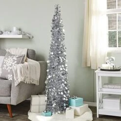 Silver Tinsel Christmas Tree For Holiday Decoration, 5-Foot Skinny Metallic Pencil Tree