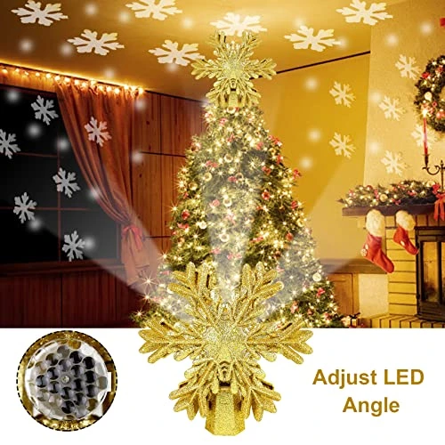 LIKYUU Christmas Tree Topper,Gold Christmas Tree Topper Lighted With LED Rotating Snowflake Projector Lights 3D Lighted Ornaments Festival Lights Christmas Tree Decorations 4 LIKYUU Christmas Tree Topper,Gold Christmas Tree Topper Lighted With LED Rotating Snowflake Projector Lights 3D Lighted Ornaments Festival Lights Christmas Tree Decorations - Image 2