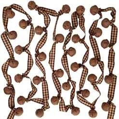 6 Yards Christmas Rusty Sleigh Bell Garland Primitive Metal Rusty Jingle Bells And Gingham Ribbon Hanging Garland For Farmhouse Vintage Rustic Christmas Tree Mantel Banister Winter Holiday Decoration