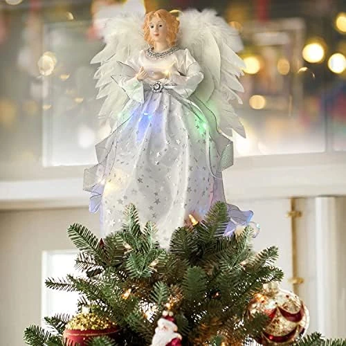 Angel Christmas Tree Topper Ornament With White Feather Wings, Xmas Trees Topper Star For Home Holiday Party Christmas Trees Decorations - Gold, 12 Inch 8 Angel Christmas Tree Topper Ornament With White Feather Wings, Xmas Trees Topper Star For Home Holiday Party Christmas Trees Decorations - Gold, 12 Inch - Image 6